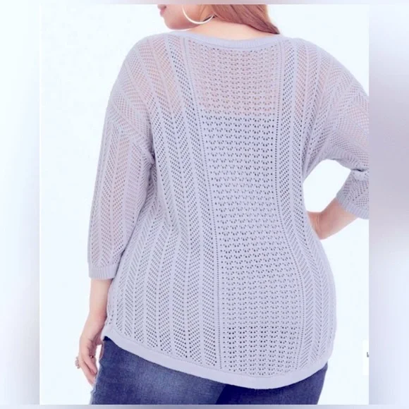 Torrid Womens Gray V-Neck 3/4 Sleeve Open Knit Textured Sweater - Picture 4 of 11